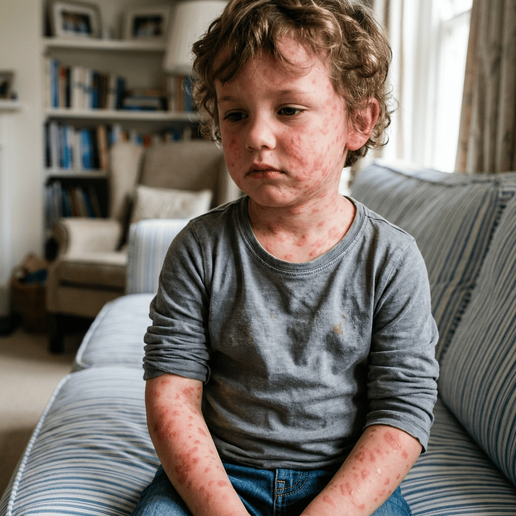 Child sitting on sofa with widespread red skin irritation